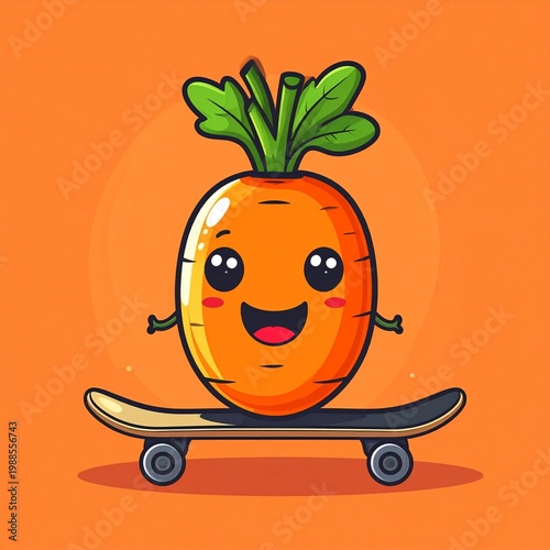 cute animated carrot character skating on orange background, cheerful food mascot for marketing