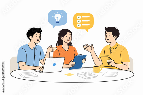 modern flat vector illustration of three coworkers sharing ideas