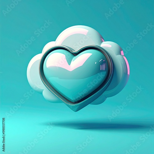 3d render glowing turquoise heart with metallic frame in soft cyan background