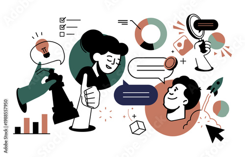 Diverse people discussing ideas with chat bubbles and icons symbolizing communication and collaboration in business social media light bulb pie chart discussing communication collaboration