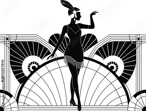 Retro roaring twenties woman standing in front of geometric fan patterns classic Gatsby era fashion design for party invitation poster.