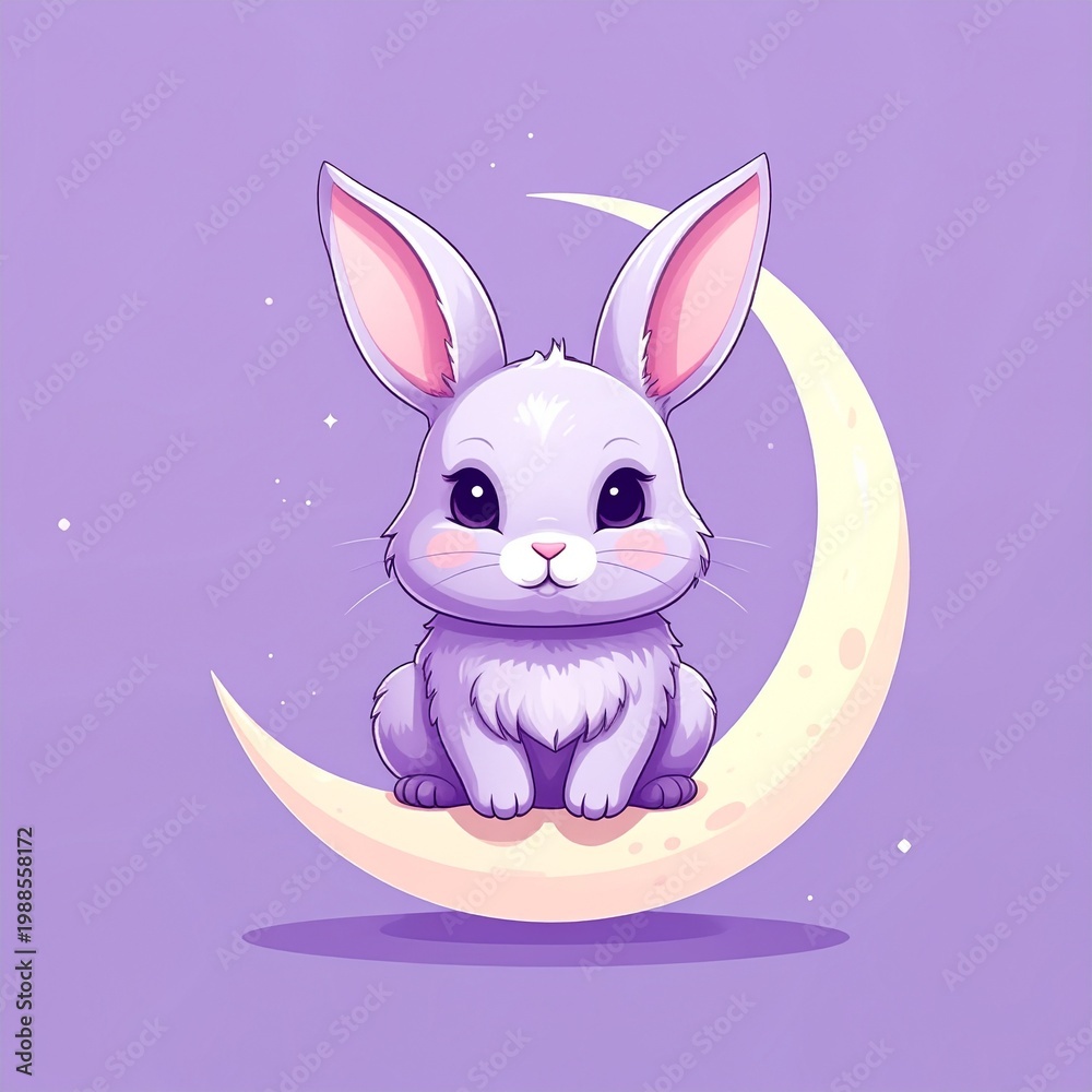 Obraz premium Cute white bunny sitting in crescent moon under starry purple sky illustration