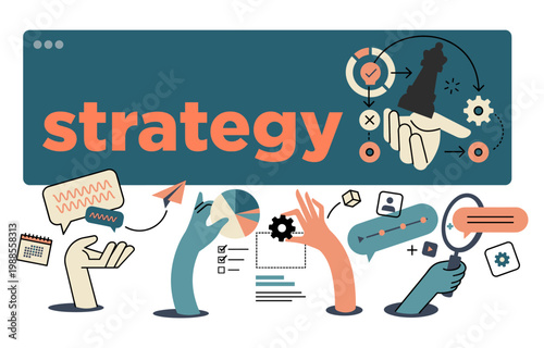Strategy concept with hands arranging charts and gears word strategy business planning management marketing analysis teamwork collaboration illustration brainstorming development