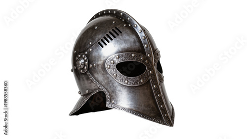 Cuadro en lienzo Ornate medieval knight helmet with riveted metal plates, isolated on transparent