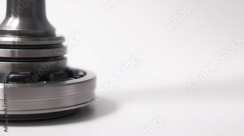 Close up of a metal mechanical bearing part against a white background
