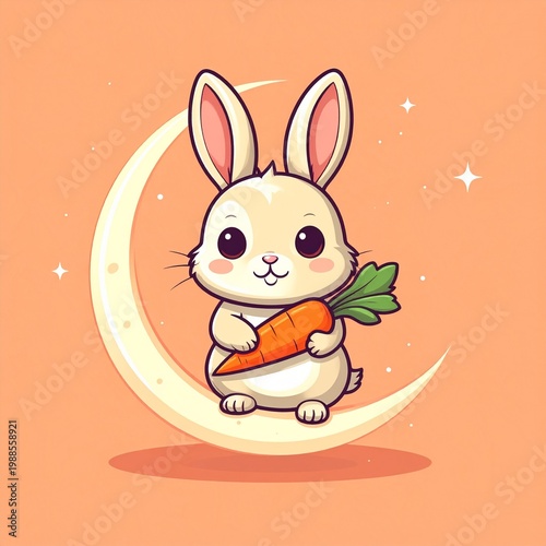 cute cartoon bunny holding carrot under crescent moon in warm pastel background