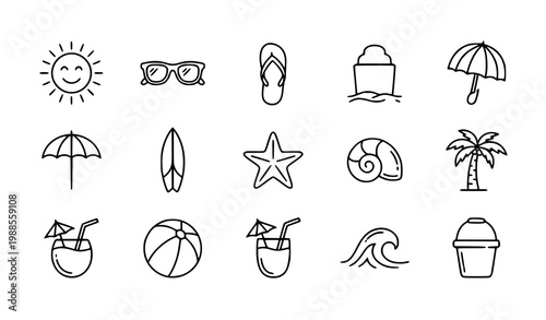 Minimal beach vacation doodle icons vector set with simple line art summer objects in grid isolated on white