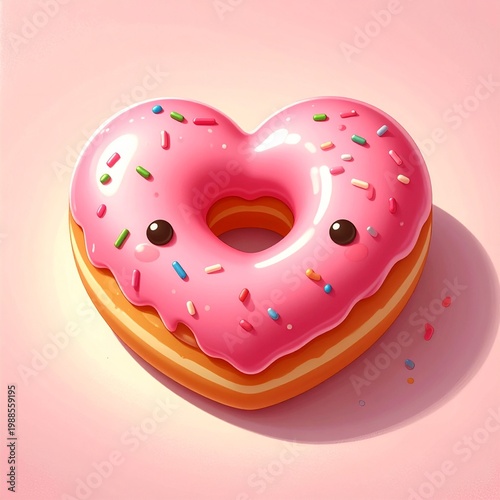 Pink frosted heart-shaped donut with colorful sprinkles on pastel background