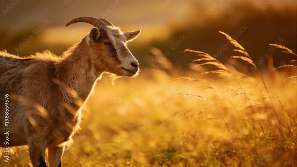 Fototapeta premium Goat Feeding in Golden Meadow Reflecting Natural Qurban Preparation