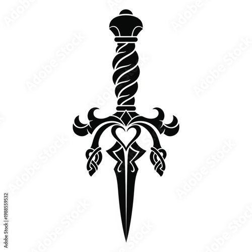 Ornate fantasy dagger silhouette vector with heart hilt and spiral handle for gothic tattoo design