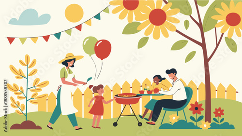 Summer Garden BBQ Party with Family and Flowers Vector