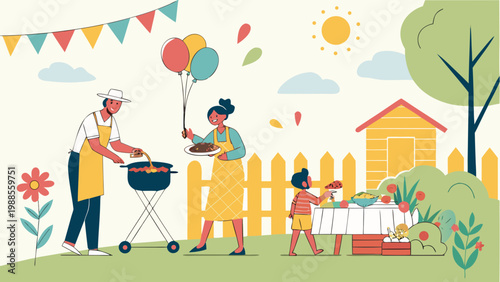 Summer Garden BBQ Party with Family and Flowers Vector