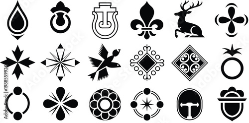 black decorative door knocker silhouettes set including antique medieval and ornamental styles, isolated architectural elements illustrating vintage metal hardware design for elegant historic door 