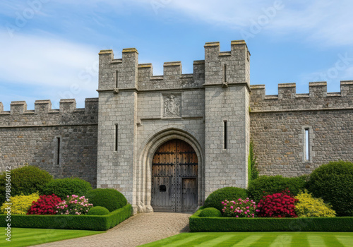 Historic stone castle gatehouse with battlements and arched entrance
