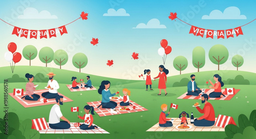 People celebrate victoria day with picnic on green hill with canadian flags and banners