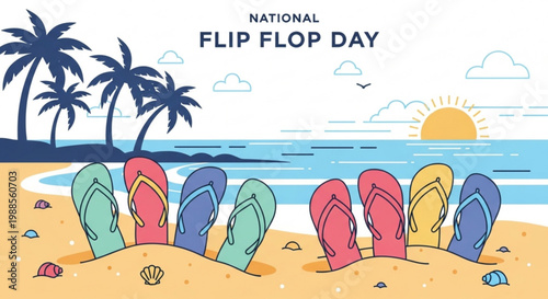 Colorful flip flops on a sunny beach for national flip flop day with palm trees and sunset