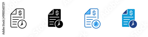 Invoice Deadline Multiple Style Icon Design Vector - Invoice with dollar sign and clock representing payment deadline, billing schedule, and financial tracking