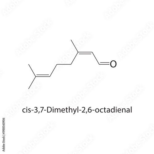 cis-3,7-Dimethyl-2,6-octadienal skeletal structure. aldehyde compound schematic illustration. Simple diagram, chemical formula.