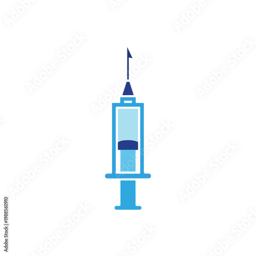 A stylized blue vector illustration of a medical syringe with a visible plunger and needle, isolated on a white background.