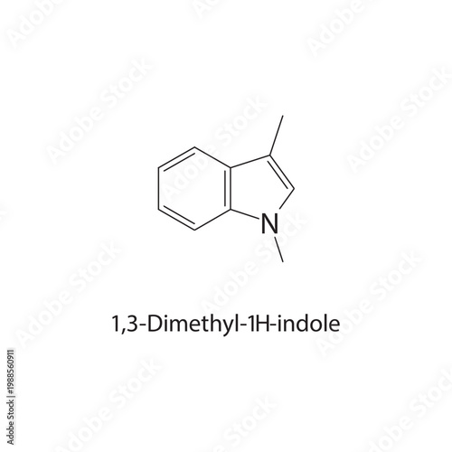 1,3-Dimethyl-1H-indole skeletal structure. indole compound schematic illustration. Simple diagram, chemical formula.