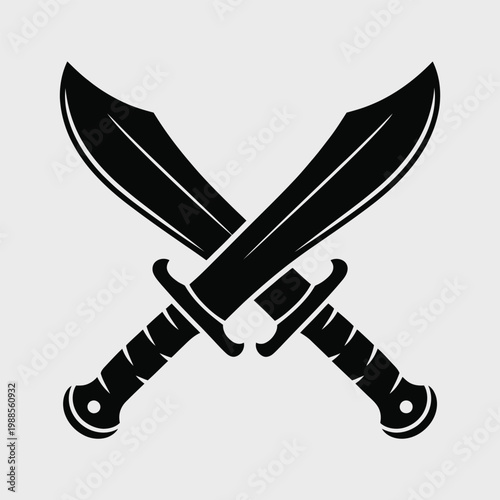 Two curved kukri knives crossed against a plain gray background