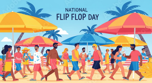 People celebrating national flip flop day on a sunny beach with colorful umbrellas and palm trees