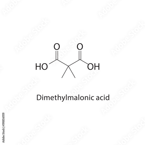 Dimethylmalonic acid skeletal structure. carboxylic acid compound schematic illustration. Simple diagram, chemical formula.