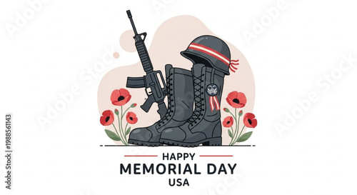 Memorial day usa illustration with military boots helmet rifle and poppies flowers symbolizing remembrance and honor