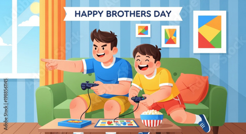 Brothers playing video games on couch happy brothers day siblings having fun with controllers