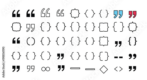 Large collection of diverse quotation marks brackets parentheses and punctuation symbols in various styles and colors.
