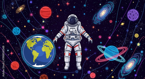 Astronaut in space suit floats among colorful planets and stars in deep black universe background