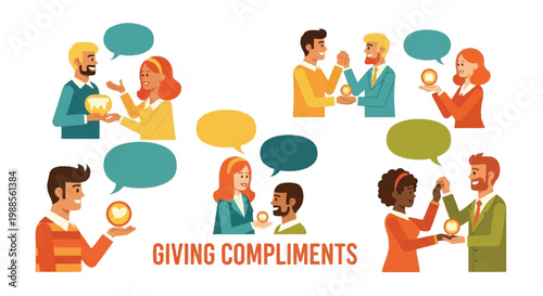 People exchanging gifts and compliments flat illustration