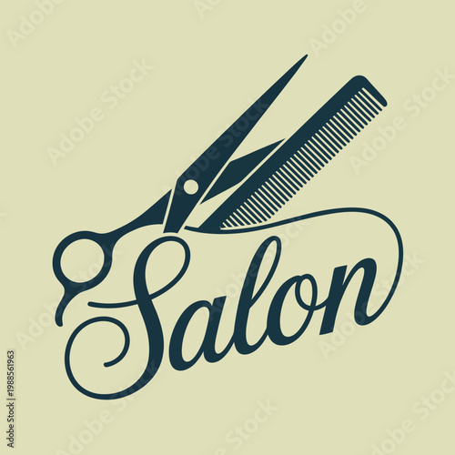 Stylized illustration of scissors, comb and the word "salon"