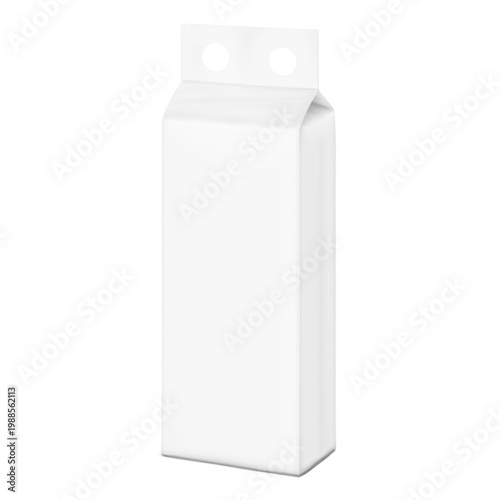 Realistic stand bag with hole handle mockup. Half side view. Vector illustration isolated on white background. Suite for the presentation of pads, diapers, wet wipes, pants changing mats. EPS10.