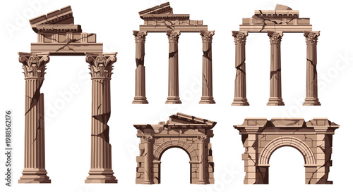 Collection of ancient greek or roman architectural ruins featuring columns capitals and broken stone arches on white background.