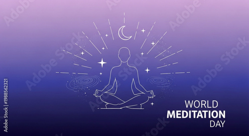 Person meditates in lotus position under starry night sky with crescent moon on world meditation day