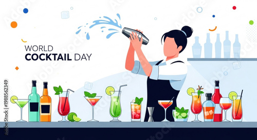 Bartender shaking cocktail on world cocktail day with colorful drinks and bottles on the bar