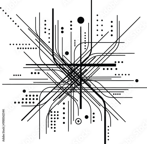 Konstfotografi Complex abstract geometric pattern with overlapping lines dots and circles intricate design elements chaotic structure modern art background