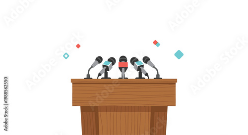 Empty wooden podium at a press conference equipped with multiple microphones for media coverage and official announcements.