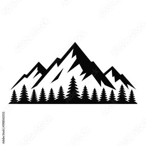 Minimalist black and white illustration of mountains and evergreen trees