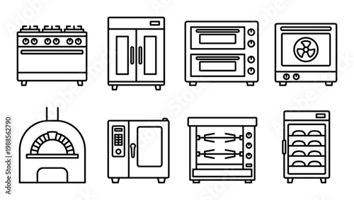Commercial kitchen appliances, professional cooking equipment for restaurant industry outline icons.
