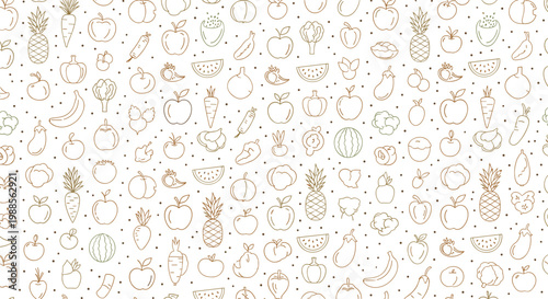 Seamless pattern background featuring delicate line drawings of various fresh fruits and vegetables on a white backdrop.