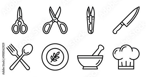 Cooking utensils and kitchenware outline icons, food preparation and restaurant equipment vector set.