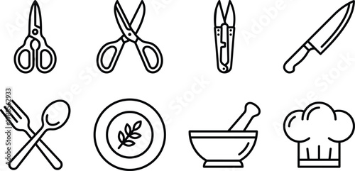Cooking utensils and kitchenware collection of line icons, food preparation and restaurant equipment.