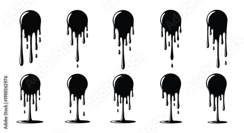 Collection of black liquid paint or ink drips flowing down from circular shapes creating a striking high contrast design.