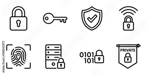 Cyber security icons for data protection, privacy, and digital safety with locks, key, shield, and fingerprint.