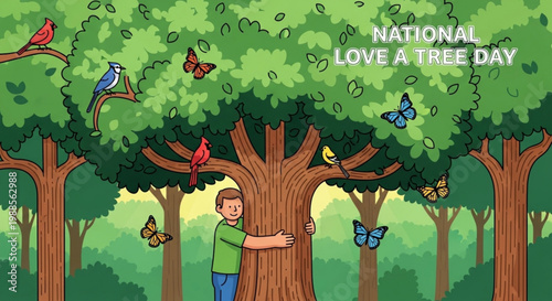 Man hugging tree with birds and butterflies national love a tree day forest conservation concept