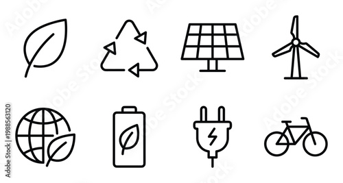 Ecology and renewable energy line icons set for environmental protection and sustainability.