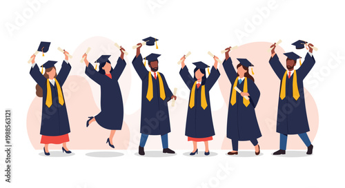 Group of diverse happy students in graduation gowns and caps celebrating their academic success together with diplomas.