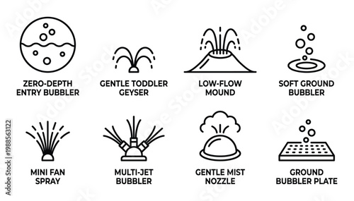Gentle water play icons for toddlers and children, including bubblers, geysers, and mist.